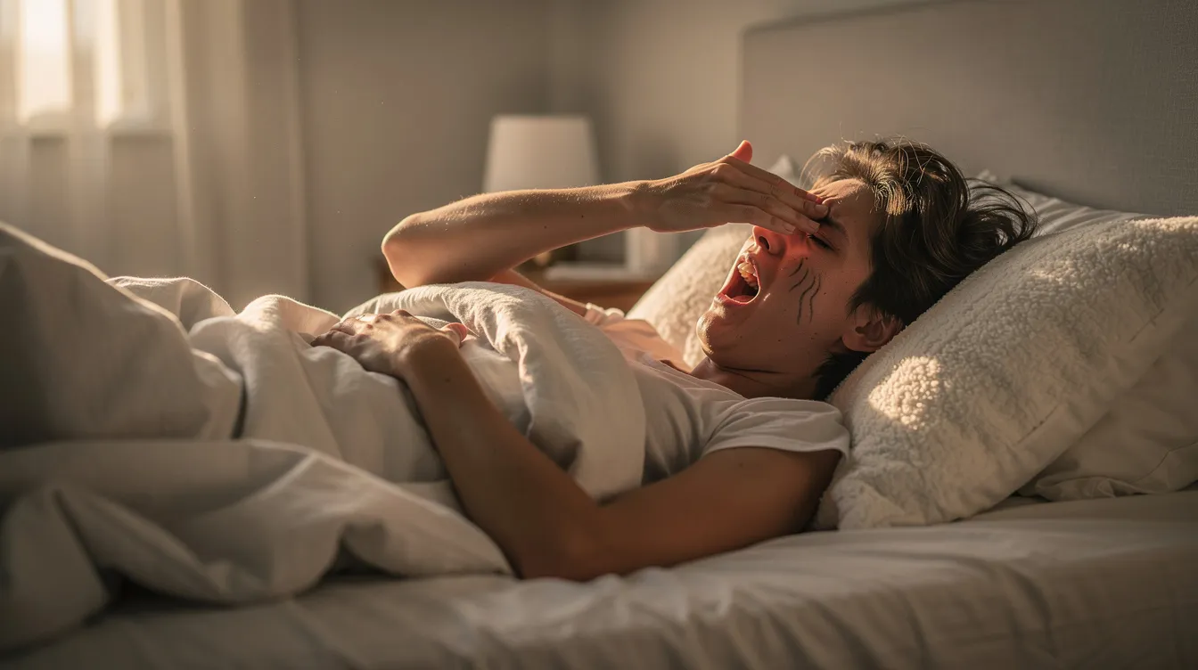 A tired person is waking up in bed, rubbing their eyes as warm morning light filters through the window. This scene captures the struggle many face with mouth breathing and the importance of nasal breathing for healthier sleep.