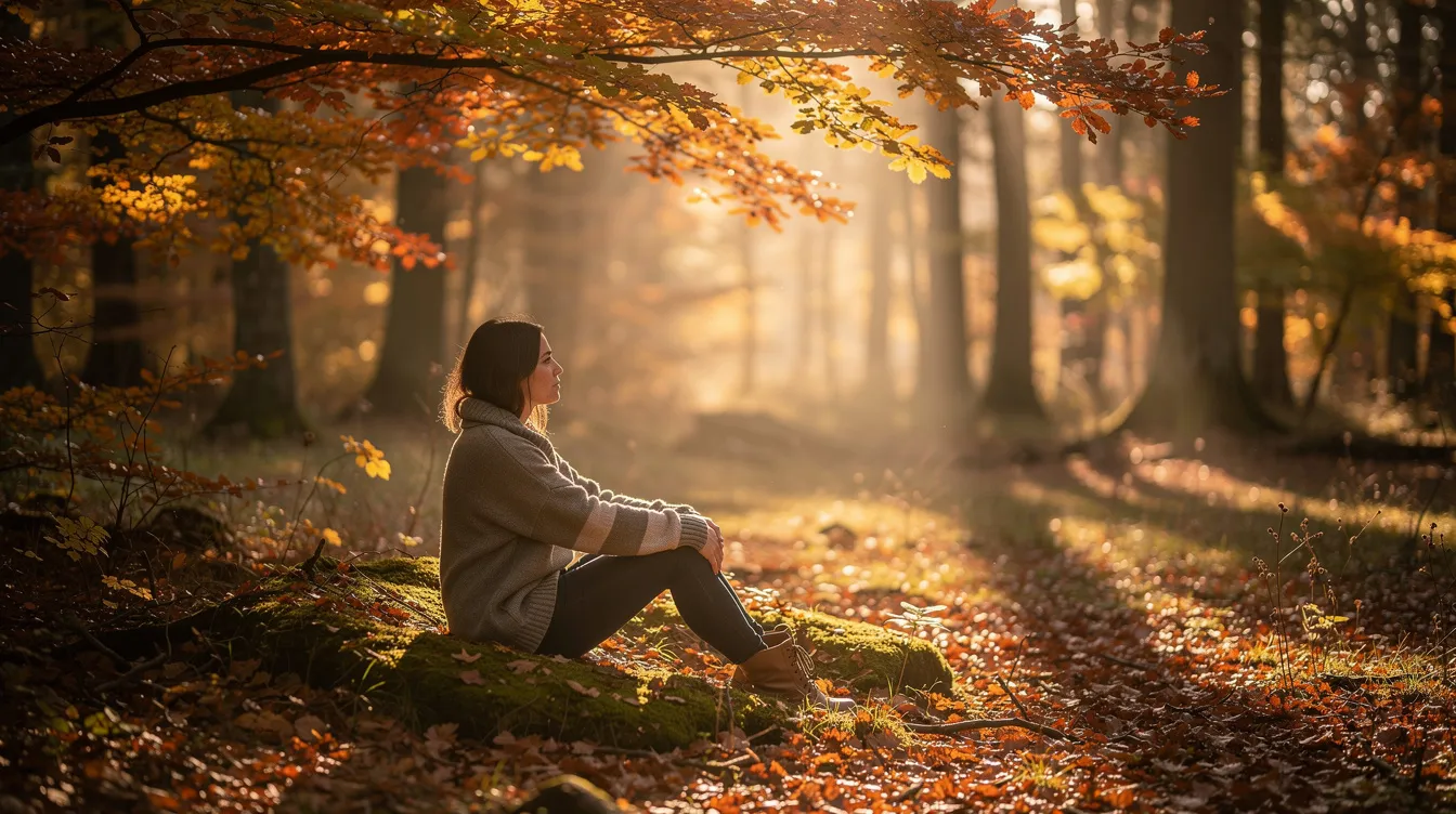 A person sits peacefully in a serene forest clearing, surrounded by vibrant autumn trees bathed in dappled sunlight. This tranquil scene evokes a sense of harmony with nature, reminiscent of the health benefits associated with maitake mushrooms, known for their immune-boosting properties and rich bioactive compounds.