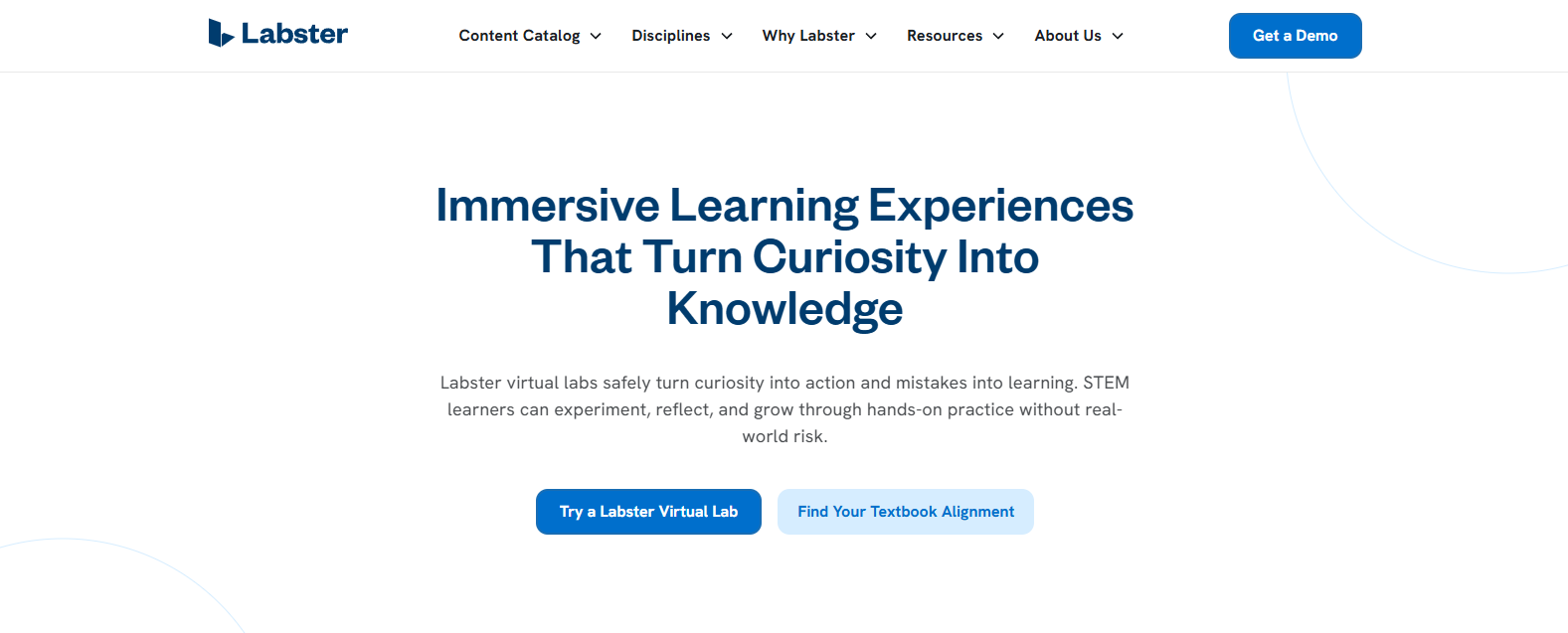 Labster homepage featuring immersive virtual labs and hands-on STEM learning experiences in a browser-based environment.
