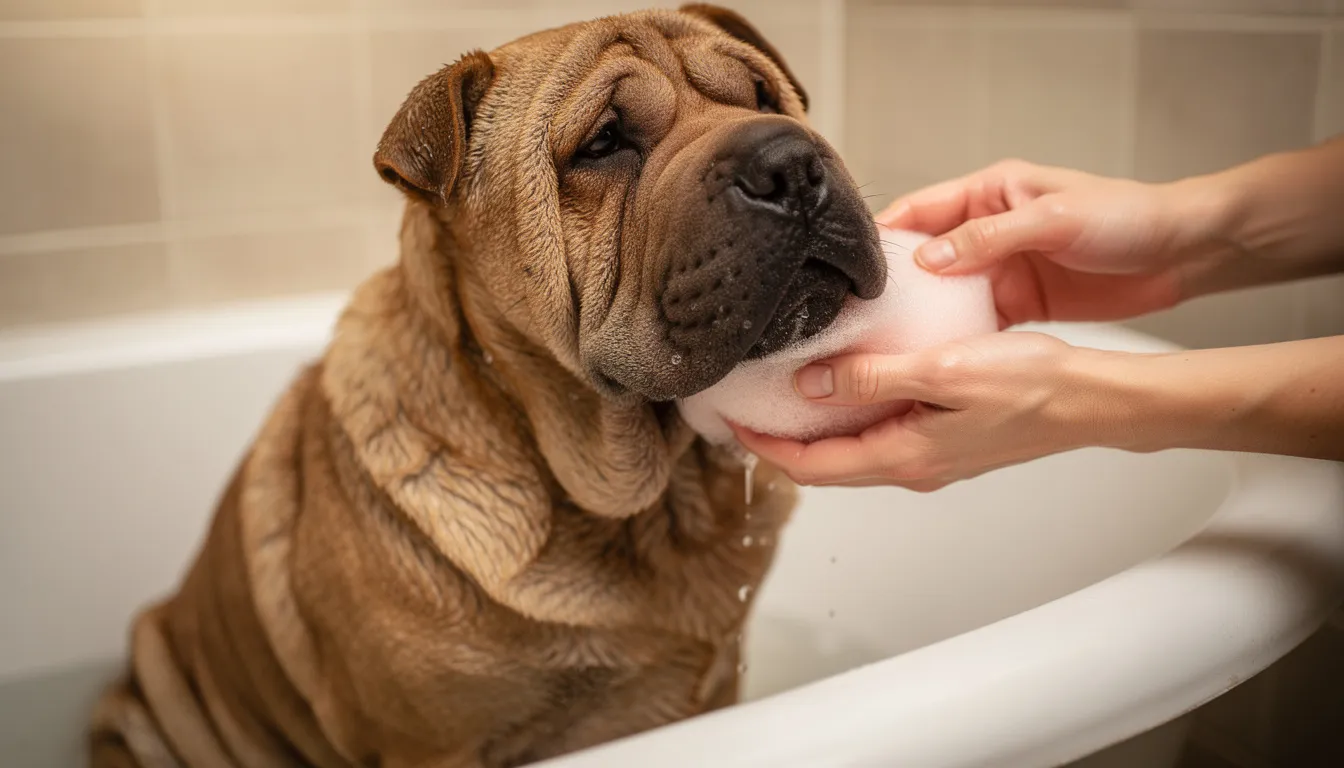 Na zdjęciu widoczny jest shar pei podczas kąpieli w wannie, gdzie delikatnie pielęgnowane są jego charakterystyczne fałdy skórne. Rasa shar pei, znana z pomarszczonego wyglądu, czuje się komfortowo w tej sytuacji, co jest ważne dla ich pielęgnacji.