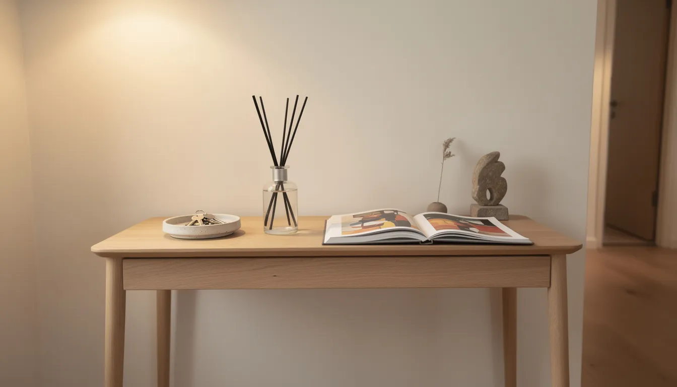 Een stijlvolle sidetable in een hal, versierd met een sleutelbakje, geurstokjes en een kunstboek, biedt een uitnodigende sfeer. De warme verlichting en het kleurrijke vloerkleed creëren een gezellige eerste indruk in deze opgeruimde hal.