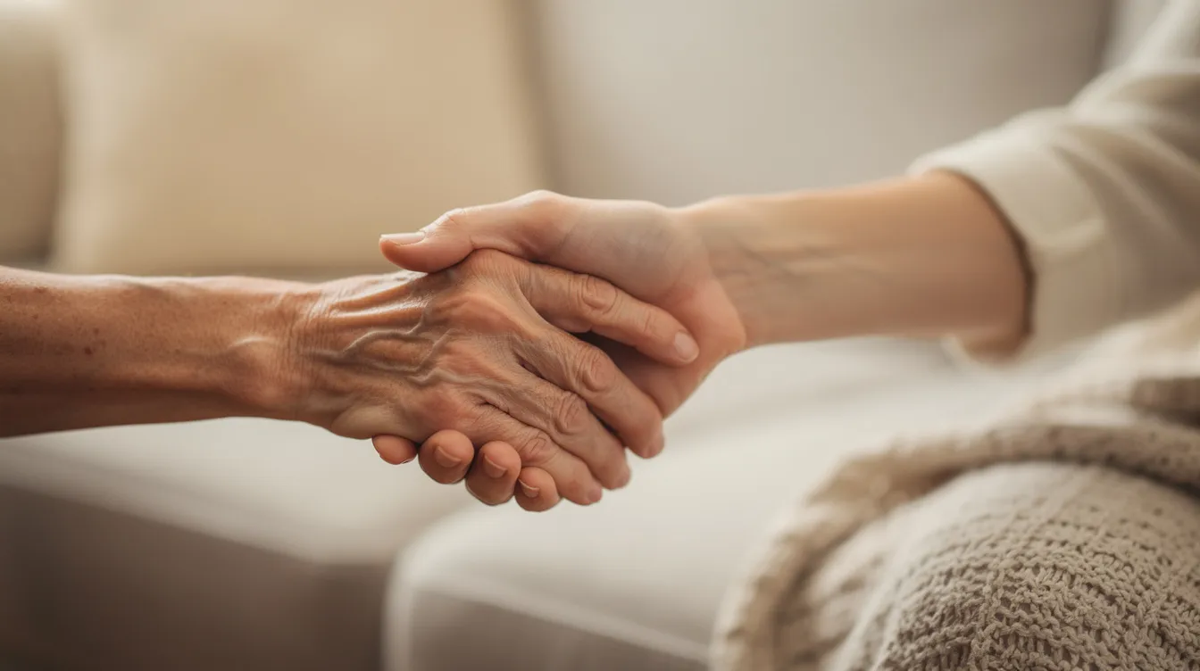 The image depicts an elderly person's hand gently held by a younger family member, symbolizing warmth and care in a nurturing environment. This moment highlights the importance of family support for nursing home residents, especially in the context of seeking justice against nursing home neglect and abuse.