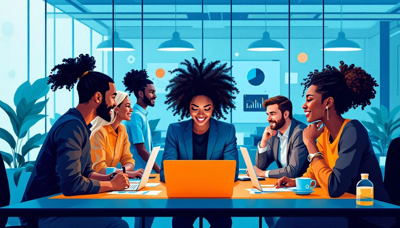 A group of diverse team members working together, showcasing the importance of building diverse teams.