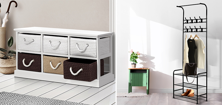 Left: An Artiss white and brown 6 drawer storage bench with rope baskets. Right: An Artiss black shoe and coat rack with three tiers of shelving, eight hooks and a single hanging bar.