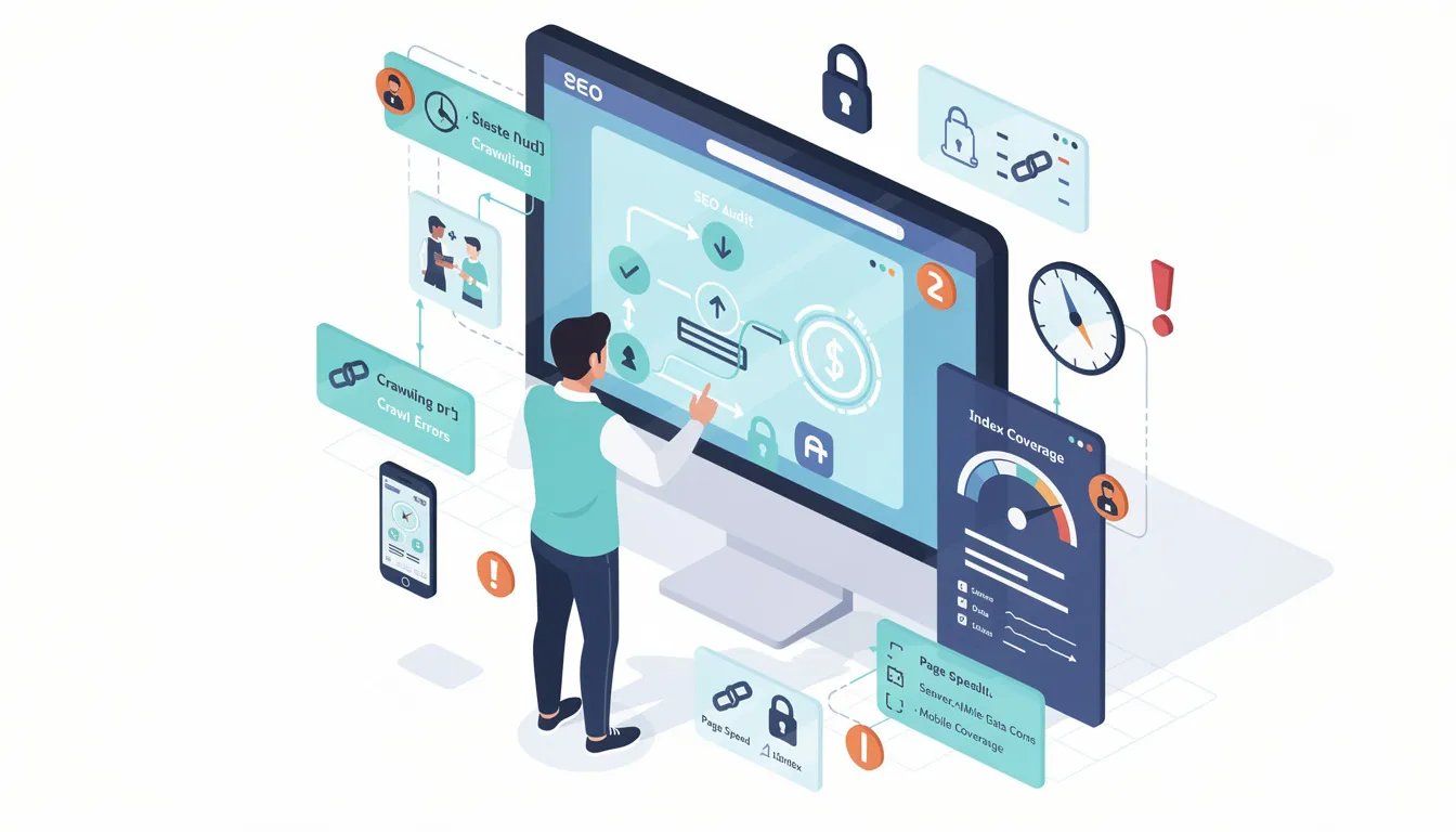 The image illustrates the concept of technical SEO, highlighting important elements such as site speed, structured data, and the role of Google Search Console in identifying technical SEO issues. It emphasizes the significance of optimizing web pages for search engines to improve user experience and enhance search visibility on search engine results pages.