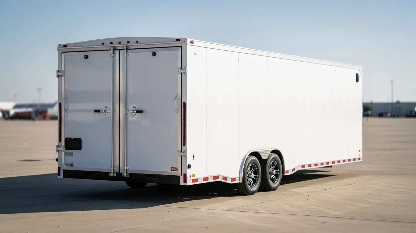 The image shows an enclosed auto transport trailer with its rear doors securely closed, designed for safe vehicle shipping. This type of transport is often used by car dealerships for secure dealership car transport, ensuring that vehicles are delivered safely and in excellent condition.