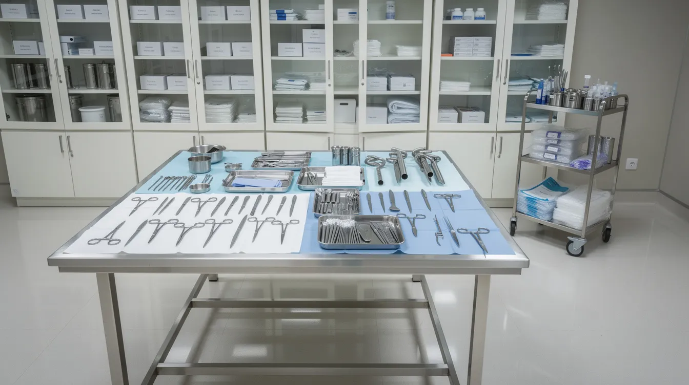 The image depicts a clean and sterile surgical preparation room, featuring bright lighting and neatly arranged medical instruments, ideal for body sculpting procedures. This environment is designed to ensure a safe and efficient setting for treatments aimed at reducing stubborn fat and achieving desired cosmetic goals.