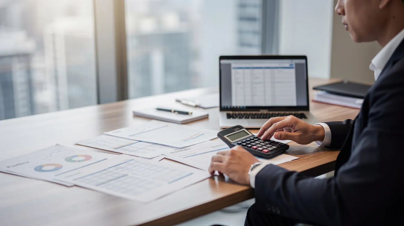 02603215 1714 4039 a611 73f469dd8cbb An entrepreneur is seated at a desk, intently reviewing financial documents and using a calculator, reflecting the critical process of business financing and planning. This scene captures the essence of preparing for a business loan application, essential for small enterprises looking to expand and develop their operations.