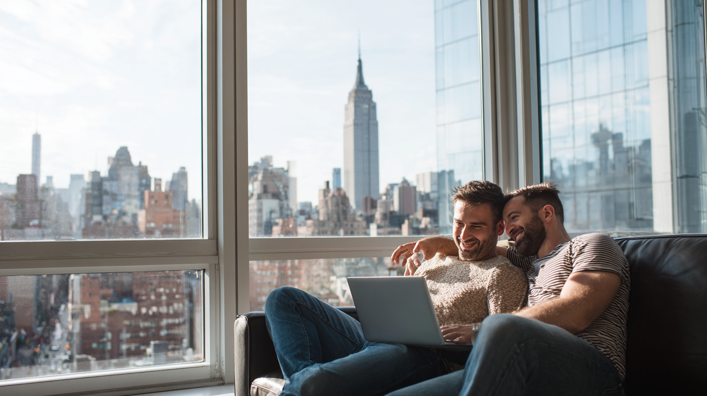 Gay male couple smiling during online therapy session on laptop in New York apartment with skyline behind them.