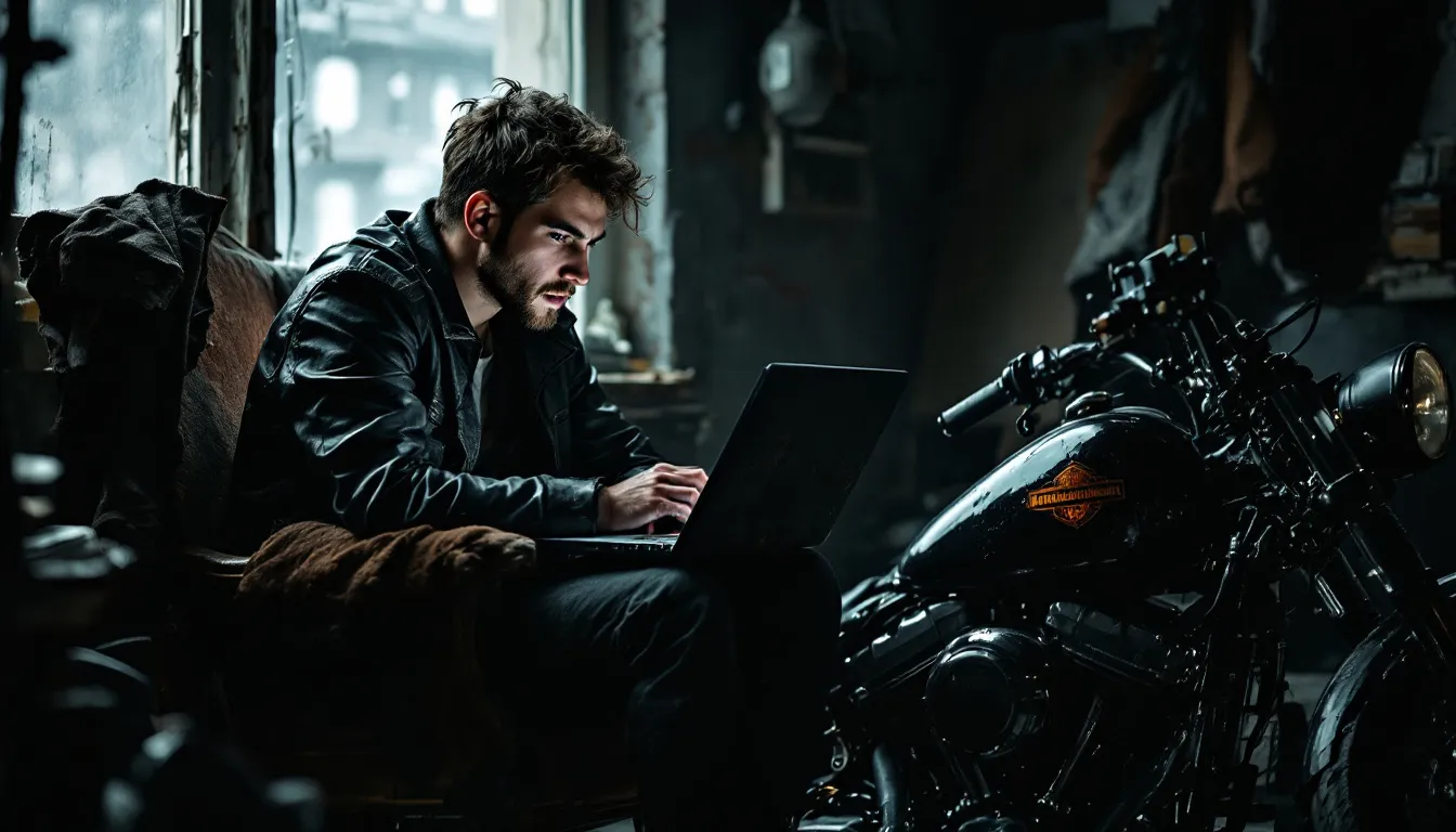 A person browsing used motorcycles online, with a laptop and various motorcycle images on the screen.