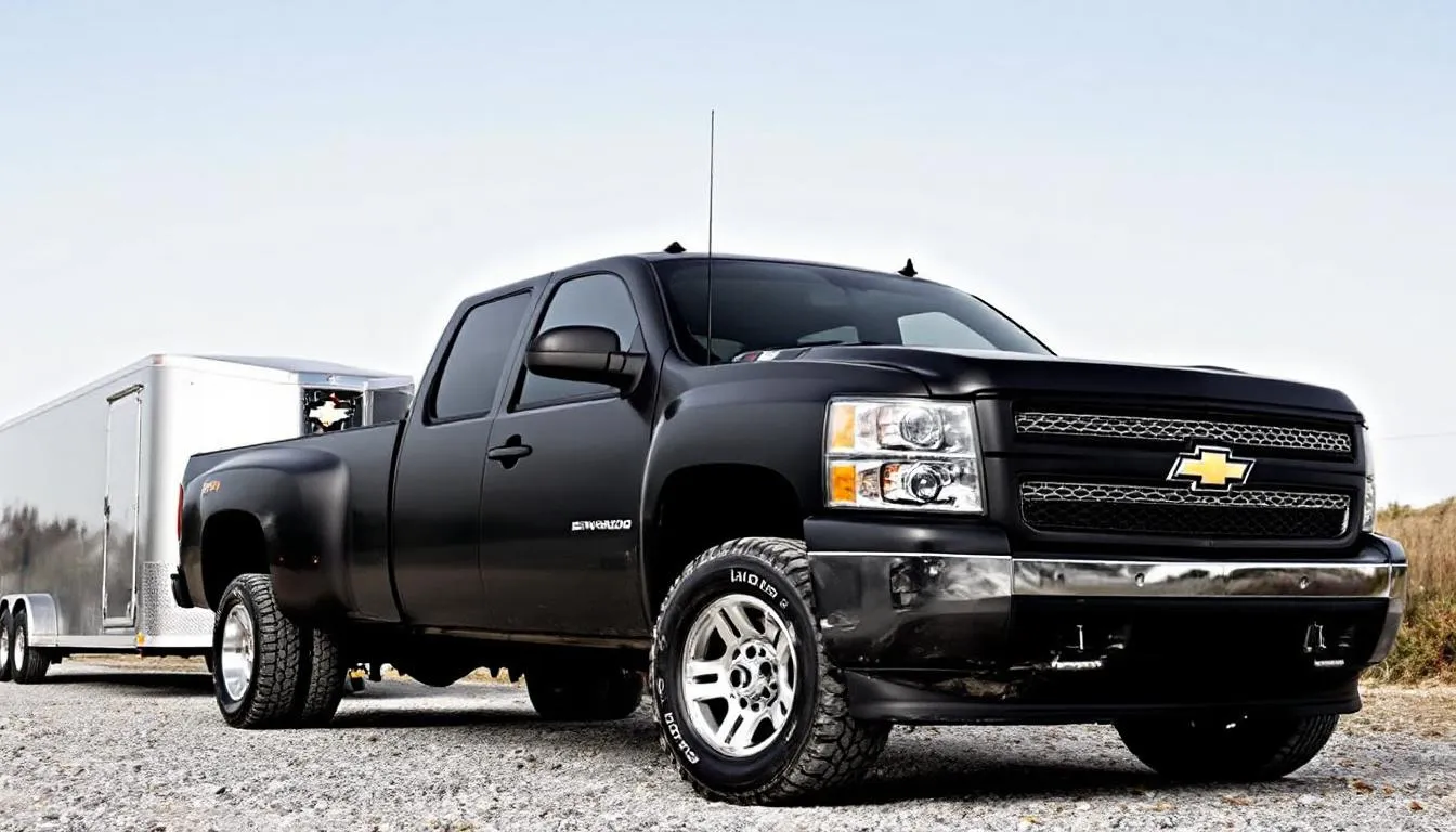 The image depicts a Chevy Silverado pickup truck with a long bed configuration, towing a trailer. The truck features a spacious crew cab, highlighting the versatility and cargo capacity of the Chevy Silverado 1500, ideal for hauling and transporting goods.