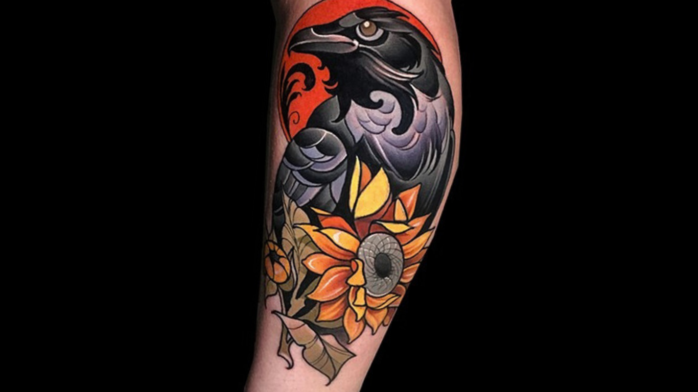 Neo-traditional crow and sunflower by Matt Truiano.