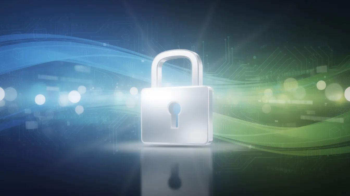 Das Bild zeigt ein Schloss-Symbol, das vor einem abstrakten digitalen Hintergrund in Blau- und Grüntönen platziert ist und Datensicherheit symbolisiert. Dieses Symbol steht für den Schutz von Informationen, die über E-Mail-Adressen und Kunden-Logins ausgetauscht werden.