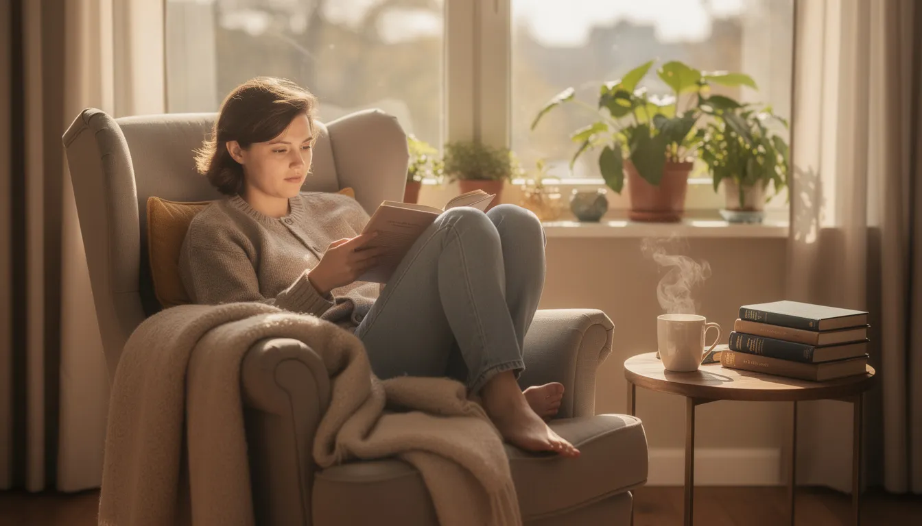 A person is sitting in a comfortable chair by a window, engrossed in reading a business book that offers valuable insights for small business owners and successful entrepreneurs. The warm light streaming through the window highlights the peaceful atmosphere, perfect for reflecting on ideas that could shape their entrepreneurial journey.