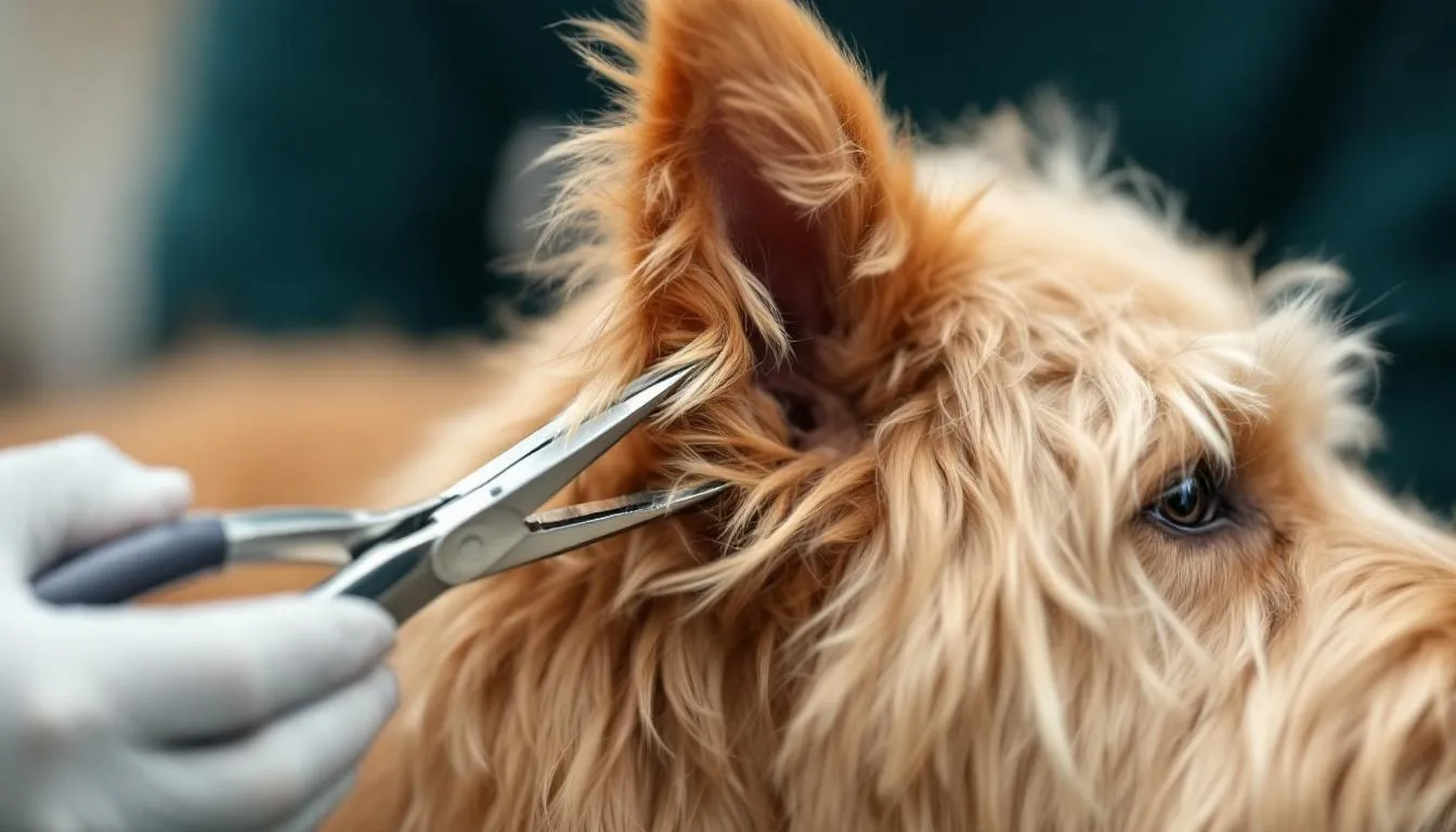 In this close-up image, a person is demonstrating the proper hair plucking technique on a Goldendoodle
