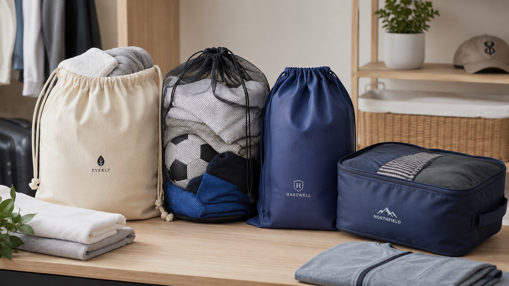 Custom laundry and storage bags for organizing clothing, towels, sports gear, travel items, and hotel supplies