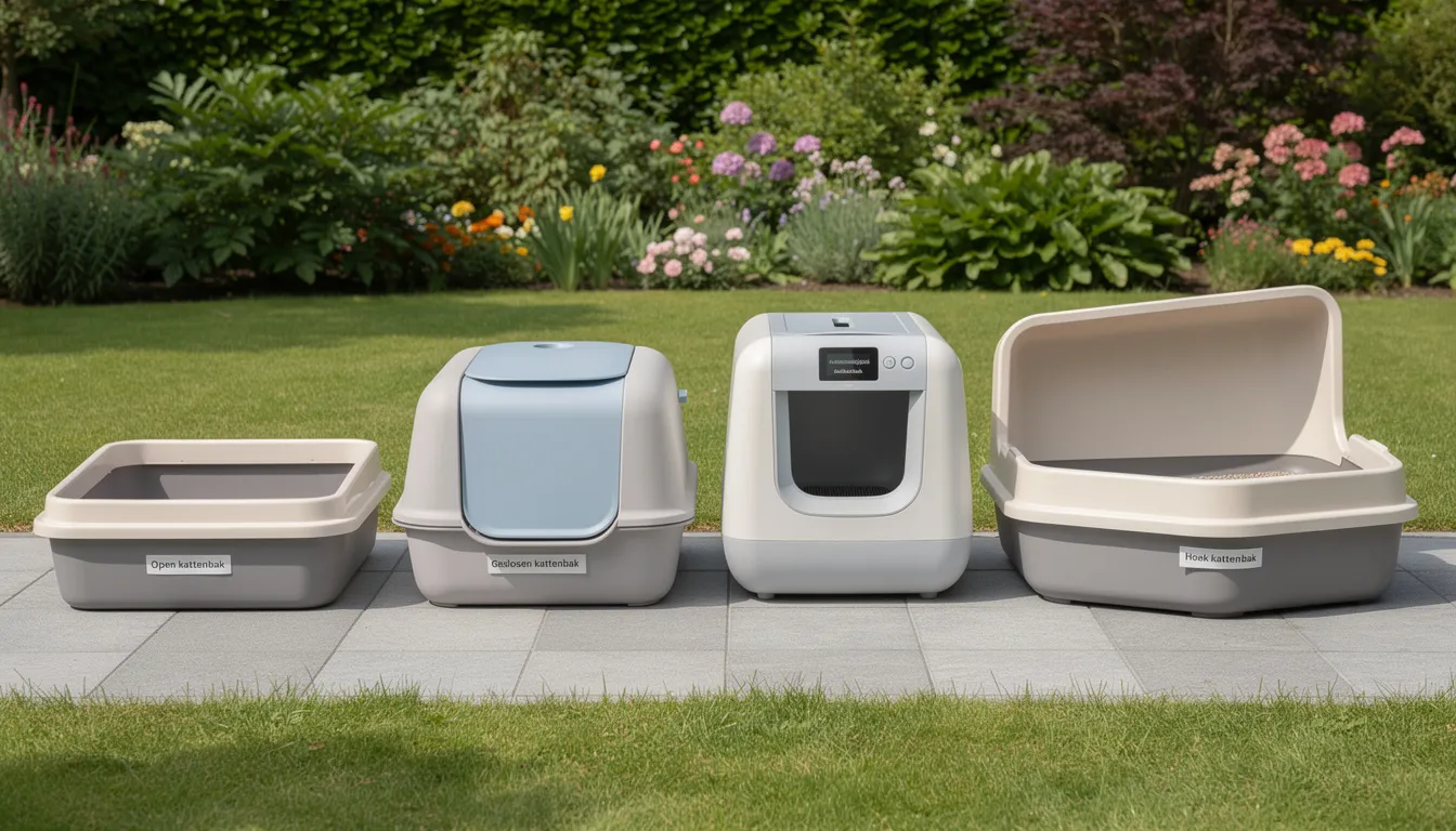 In de tuin staan verschillende types kattenbakken opgesteld, waaronder een gesloten kattenbak met een waterdichte plastic kap en een grote ingang, ideaal voor grote kattenrassen. De kattenbakken zijn ontworpen voor buitengebruik, met stevige buitenlagen en gebruiksvriendelijkheid in gedachten, zodat katten eenvoudig hun behoefte kunnen doen en ontlasting kunnen begraven.