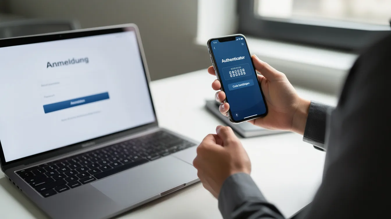 Eine Person hält ein Smartphone mit einer Authenticator-App in der Hand, während neben ihr ein aufgeklappter Laptop steht, auf dem möglicherweise Informationen für den Canada Life Login angezeigt werden. Diese Szene könnte die Freischaltung von Zugangsdaten symbolisieren.