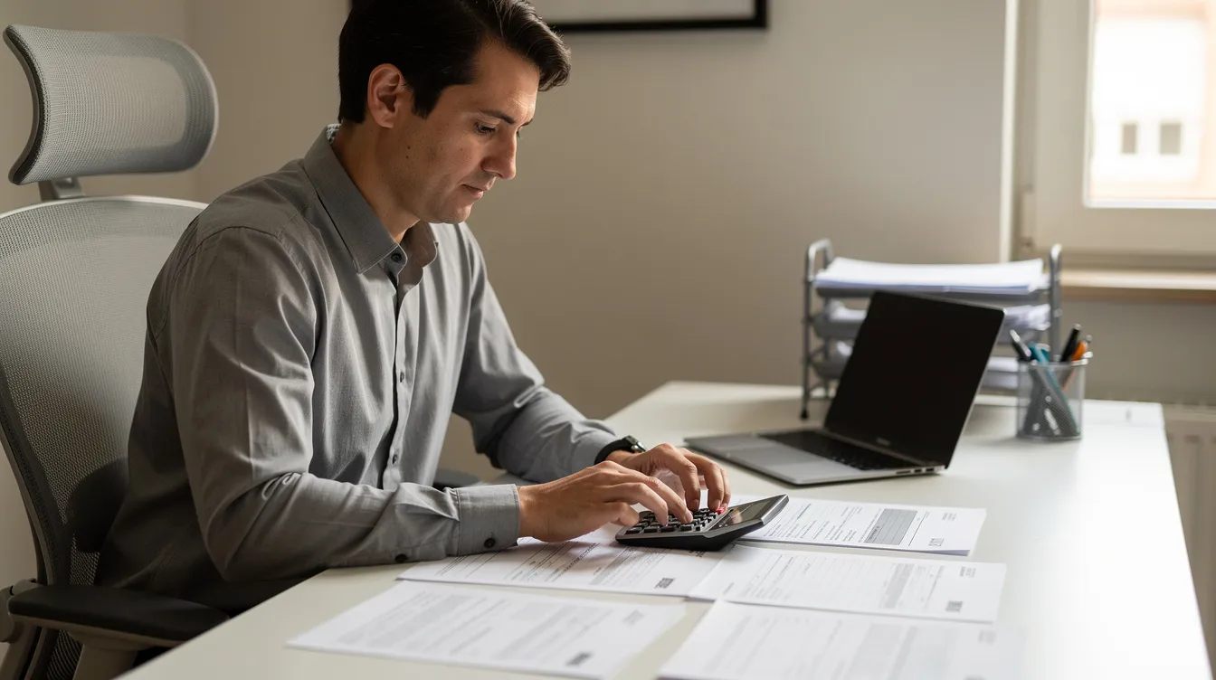 The image shows a person sitting at a desk, intently comparing various documents while using a calculator, likely to analyze different student bank account options. This scene reflects the importance of understanding financial aspects such as interest rates, overdraft facilities, and bank statements in managing student life and finances.