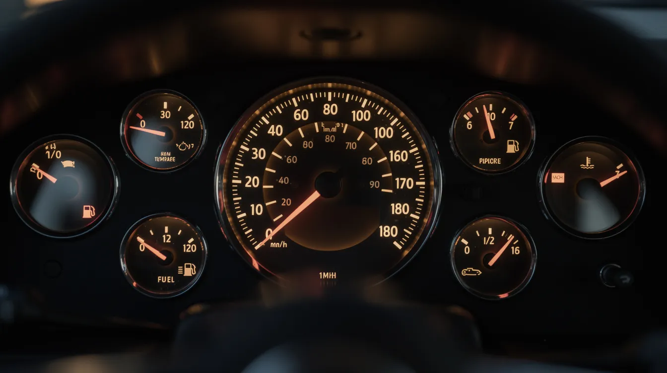 A close-up view of an analog car dashboard displays illuminated gauges, including a speedometer, tachometer, and fuel indicators, all glowing with a warm amber light. This detailed image highlights the essential components of a vehicle's performance monitoring system.