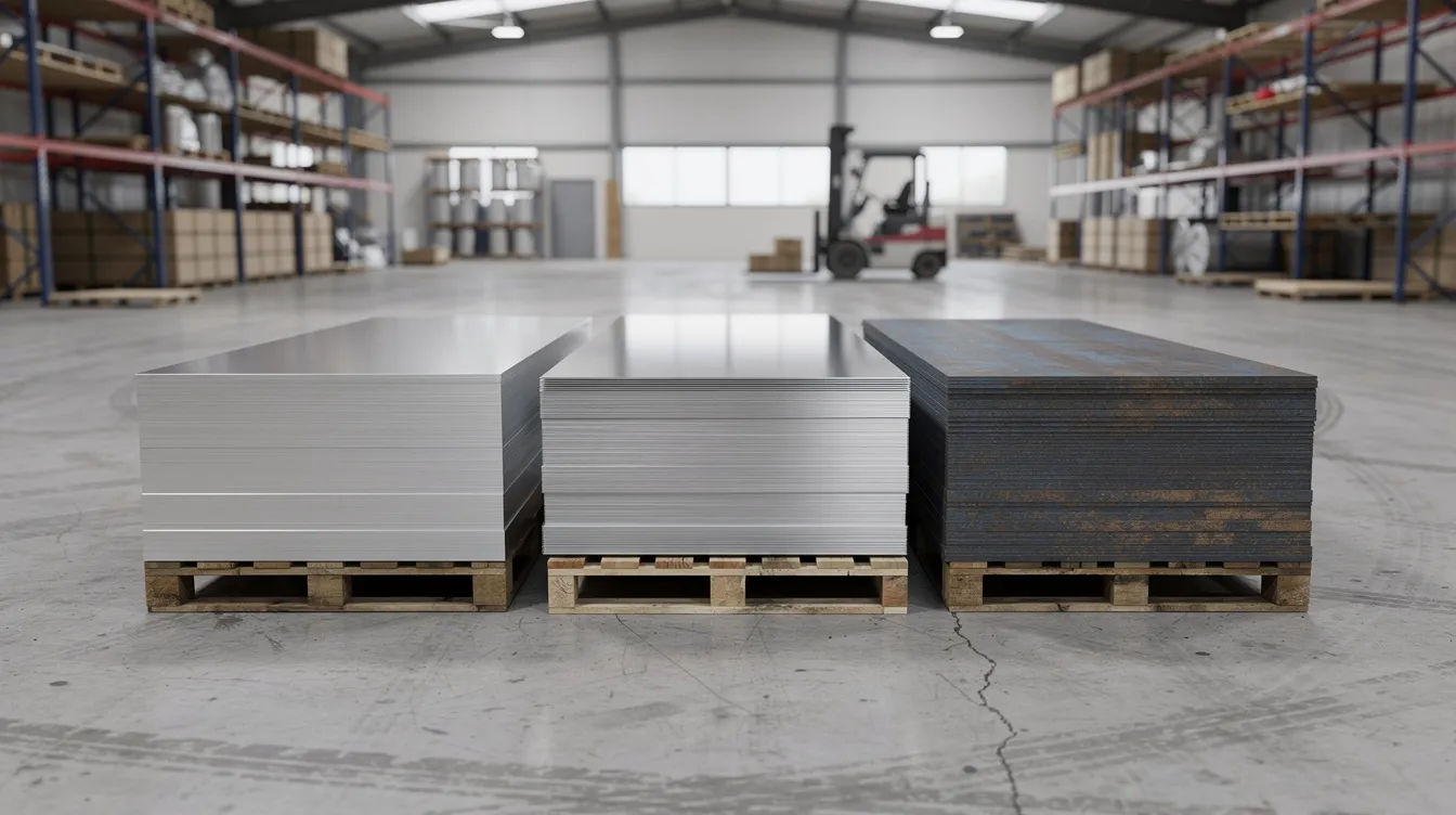 The image depicts a warehouse filled with neatly stacked sheets of aluminum, stainless steel, and mild steel, showcasing various flat metal sheets used in sheet metal fabrication. This setting highlights the raw materials essential for custom sheet metal parts and precision metal fabrication services.