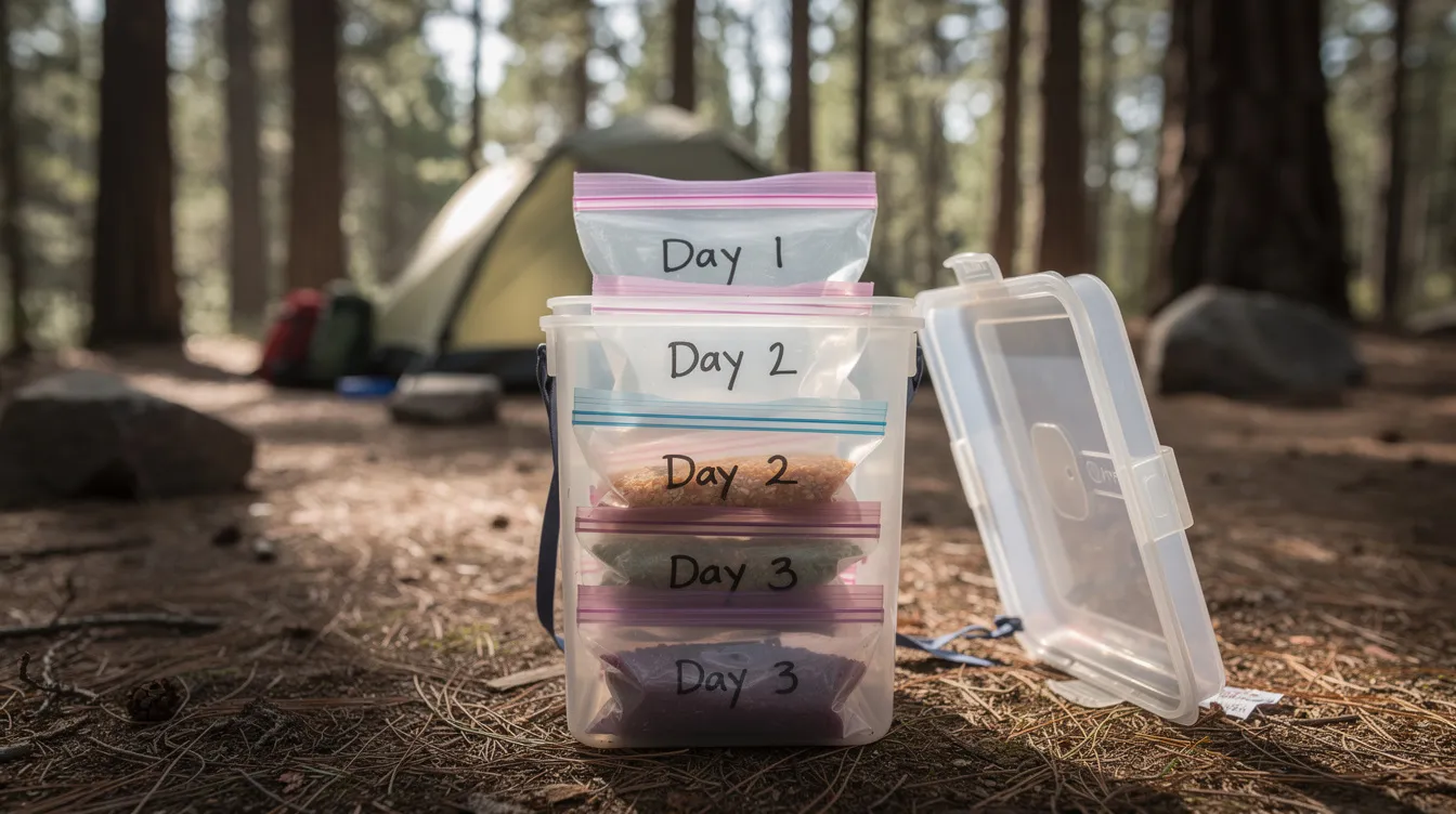 The image shows a bear canister at a forest campsite, filled with neatly organized small food bags labeled by day, showcasing a practical and secure way to manage meal portions. Each bag represents a different day, emphasizing quality and custom packaging solutions for outdoor adventures.