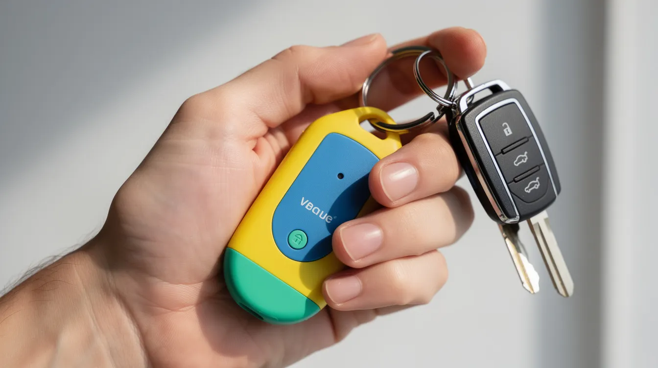 A close-up image shows a person's hand gripping a small, colorful personal safety alarm attached to a keychain alongside car keys. This compact device features a loud siren and a strobe light, designed to attract attention and deter potential attackers in dangerous situations.