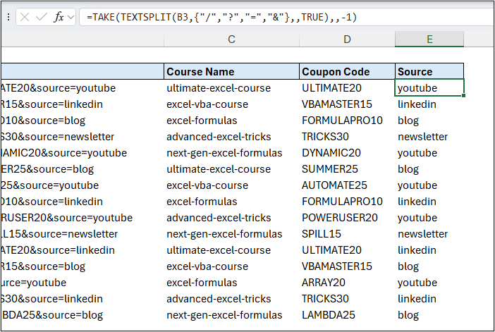 Using TAKE with TEXTSPLIT to extract the final element in the split array