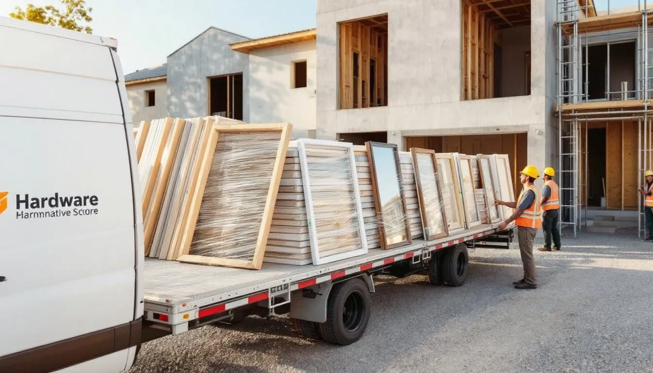 Een vrachtwagen levert professionele kozijnen op een bouwlocatie, waarbij verschillende soorten zoals kunststof, aluminium en houten kozijnen aanwezig zijn. Deze nieuwe kozijnen zijn ontworpen voor duurzaamheid en energie-efficiëntie, en zijn scherp geprijsd voor zowel aannemers als particulieren.