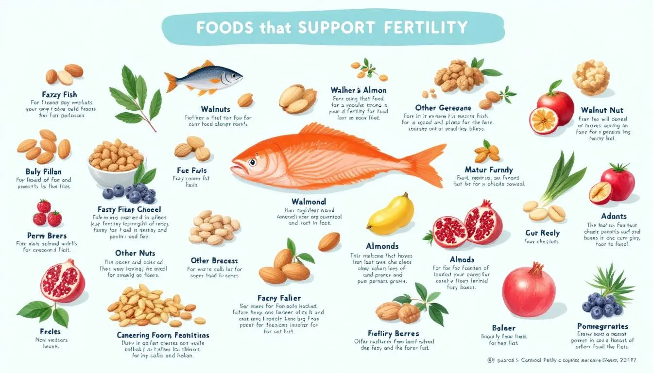 The image depicts a variety of foods that can help increase fertility, including fatty fish, nuts, and vibrant fruits rich in antioxidants. These nutrient-dense options are essential for a healthy diet, supporting the reproductive system and improving overall fertility outcomes.