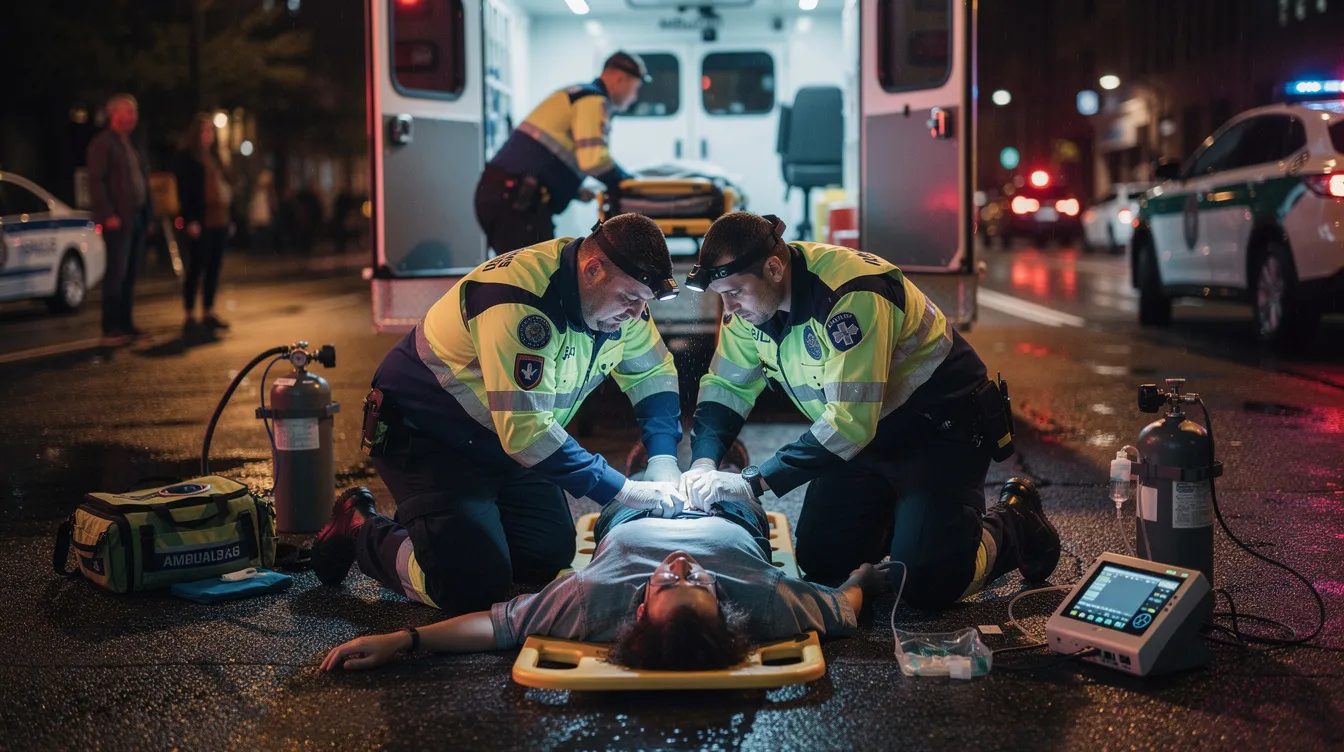 An emergency medical team is seen providing urgent care to an accident victim who has suffered catastrophic injuries, likely including traumatic brain injury and spinal cord damage. The scene highlights the critical medical treatment necessary for injury victims involved in serious car accidents, emphasizing the importance of experienced legal representation for securing fair compensation for medical expenses and emotional distress.