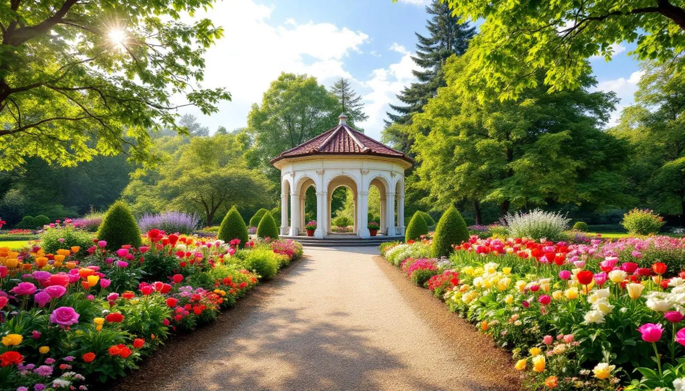 Der Botanische Garten in Frankfurt am Main zeigt eine farbenfrohe Ansammlung blühender Blumen um ein elegantes Pavillongebäude, das als beliebter Trauort für Hochzeiten dient. Die idyllische Umgebung bietet eine romantische Kulisse für Paare, die ihre Liebe feiern möchten.