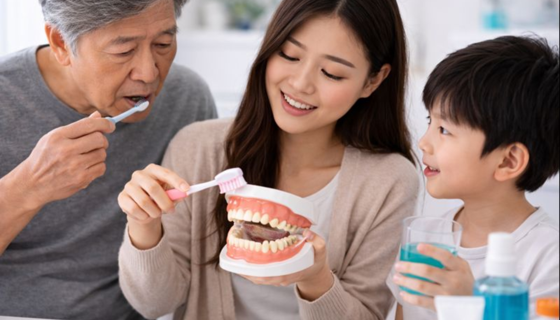 Pyrea Arvelig: Når Genene Øker Risikoen for Tannkjøttsykdom 15 Tre familiemedlemmer viser riktig tannpuss med modell, tannbørste og munnskyllevann på badet for forebygging.