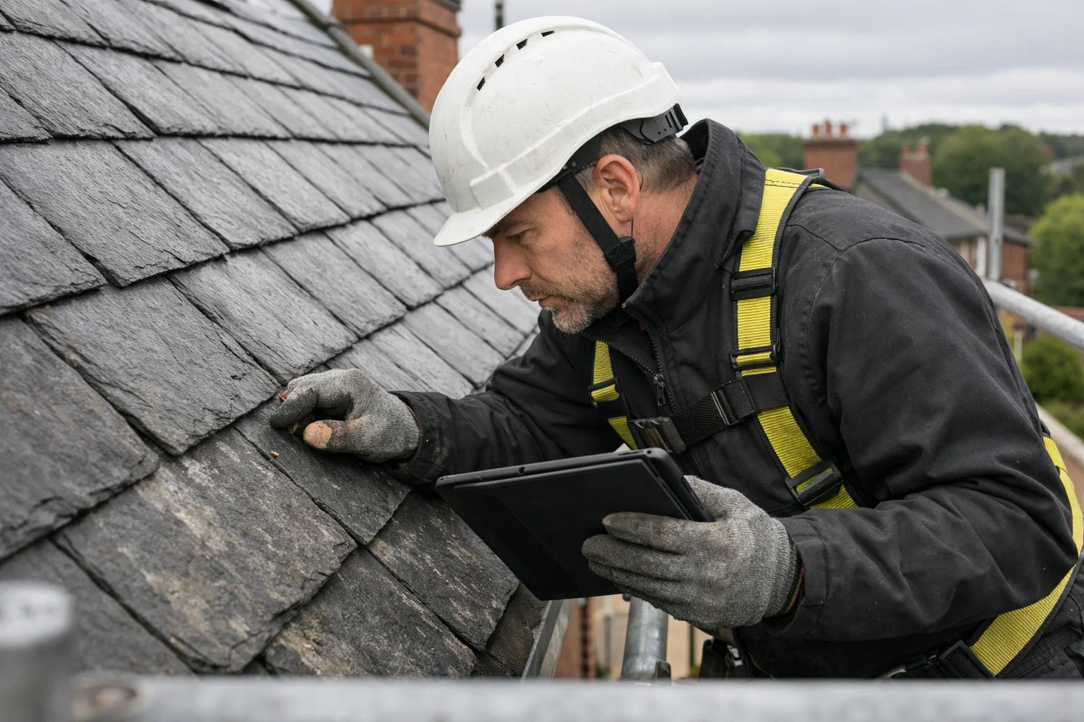 Roofer inspecting a slate roof to assess the need for full replacement