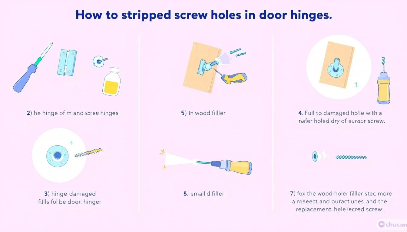 An illustration demonstrating how to fix stripped screw holes in door hinges.