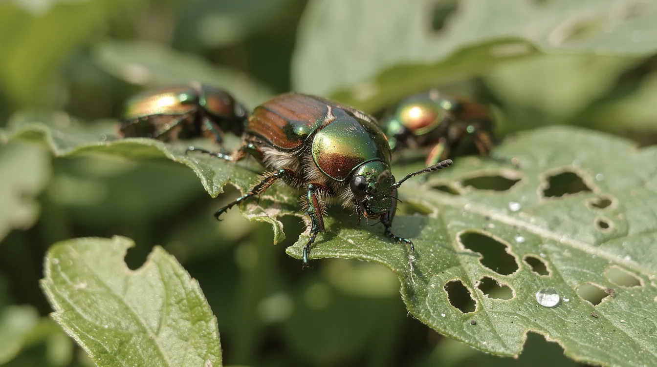 The image depicts metallic green and copper Japanese beetles resting on a leafy garden plant, showcasing their jewel-colored bodies. These common lawn pests are known to feed on foliage, potentially causing damage to garden plants.