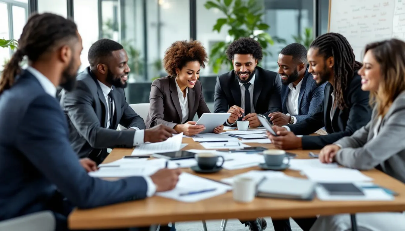DPIA Uitvoeren Volgens de AVG: Stappenplan en Voorbeelden 1 Een diverse groep professionals zit rond een vergadertafel, terwijl ze documenten en laptops bekijken. Ze bespreken belangrijke onderwerpen zoals gegevensverwerking en de impact op persoonsgegevens, in het kader van de algemene verordening gegevensbescherming (AVG) en het uitvoeren van een data protection impact assessment (DPIA).