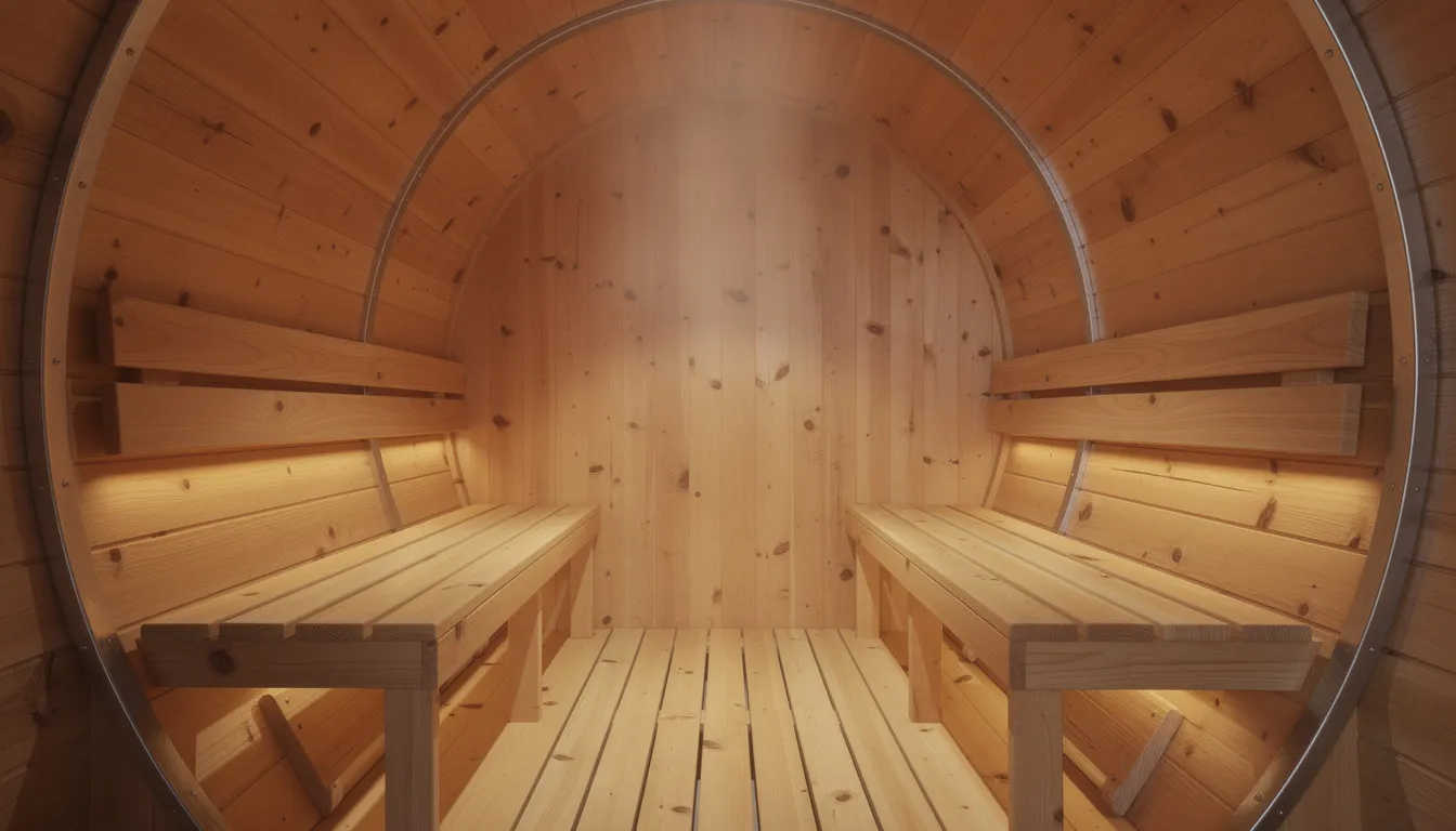 The image shows the interior of a cedar barrel sauna, featuring curved wooden walls and simple bench seating that emphasizes the sauna's efficient heat distribution and energy efficiency. The cozy design creates a warm and inviting atmosphere for relaxation, highlighting the unique benefits of a barrel sauna compared to a cabin sauna.