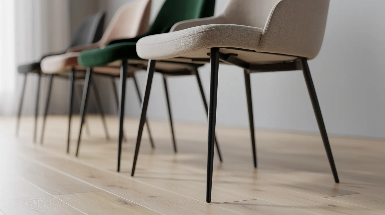 Close-up van twee verschillende eetkamerstoelen met zwarte metalen poten, één bekleed met beige stof en de andere met donkergroen. Deze combinatie van verschillende eetkamerstoelen creëert een stijlvol en dynamisch geheel in de eethoek, waarbij de kleuren elkaar mooi aanvullen.