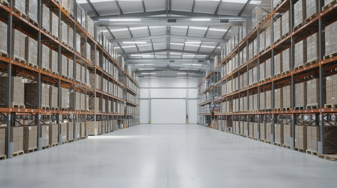 027ce1c0 dee4 4678 8819 1aa9576a7b84 The image depicts the interior of a large warehouse, showcasing neatly stacked pallets of packaged goods on industrial racking, all illuminated by bright overhead lighting. This organized layout is essential for efficient operations in a milk processing plant, particularly for UHT milk production and storage.