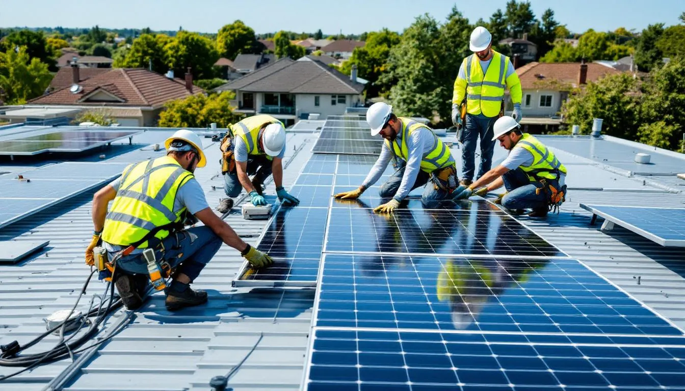 Une équipe de techniciens installe des panneaux solaires sur le toit d'une maison, illustrant l'engagement envers l'énergie solaire au Québec. Ce projet met en avant les solutions durables pour la production d'électricité et la transition énergétique.