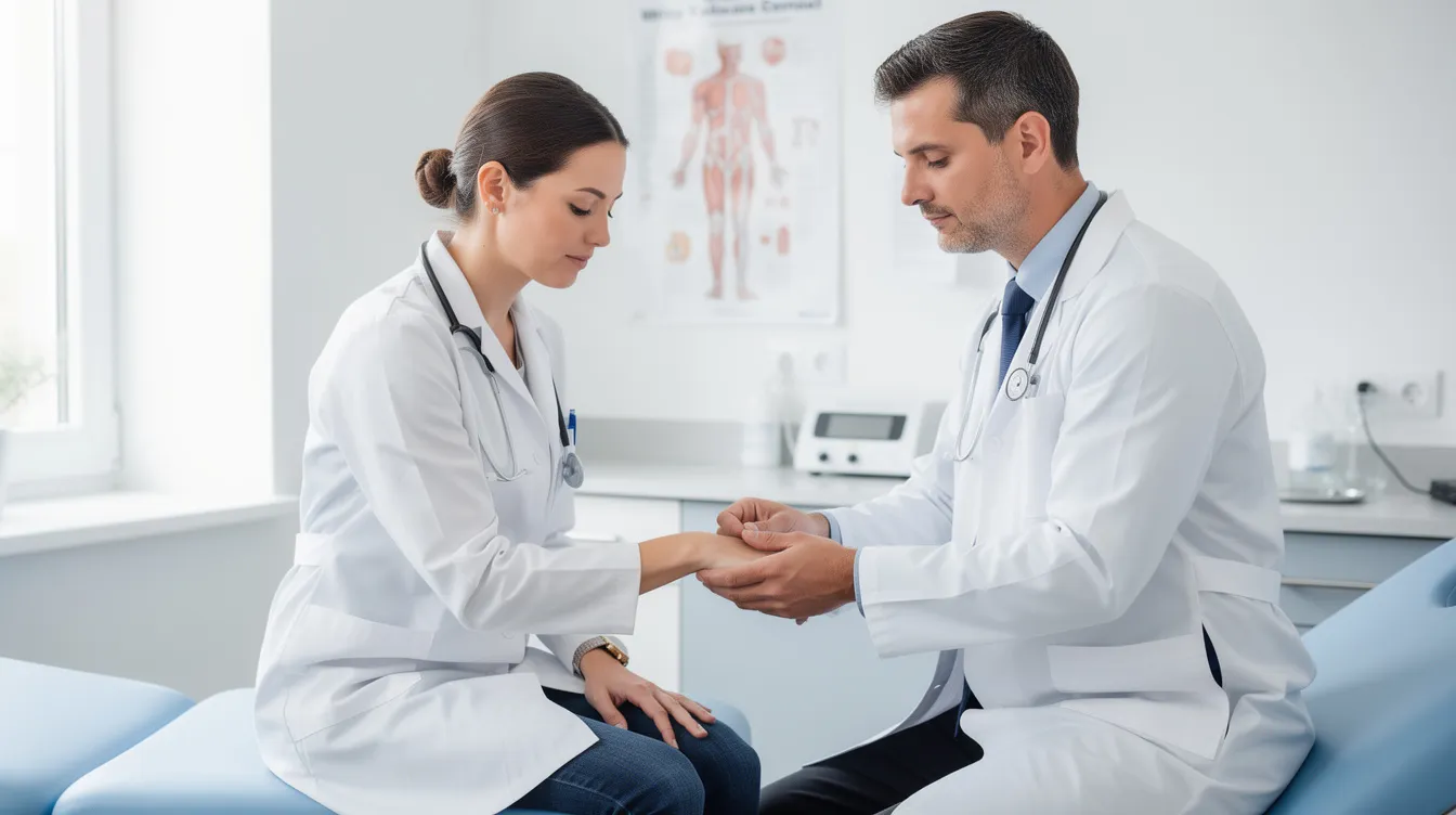 A doctor is examining a person's wrist in a medical office, assessing for potential workplace injuries such as carpal tunnel syndrome. This examination is part of the medical treatment process for injured workers seeking workers compensation benefits in Colorado.