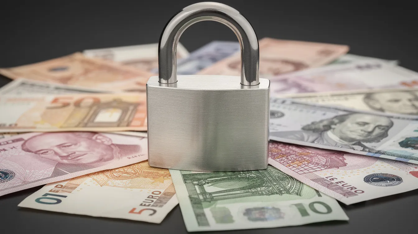 The image features a sturdy padlock resting on a variety of international currency notes, symbolizing the security of financial transactions such as international bank transfers and money transfers. This visual highlights the importance of secure payment methods, whether using a bank account or a PayPal account, for sending money across borders.