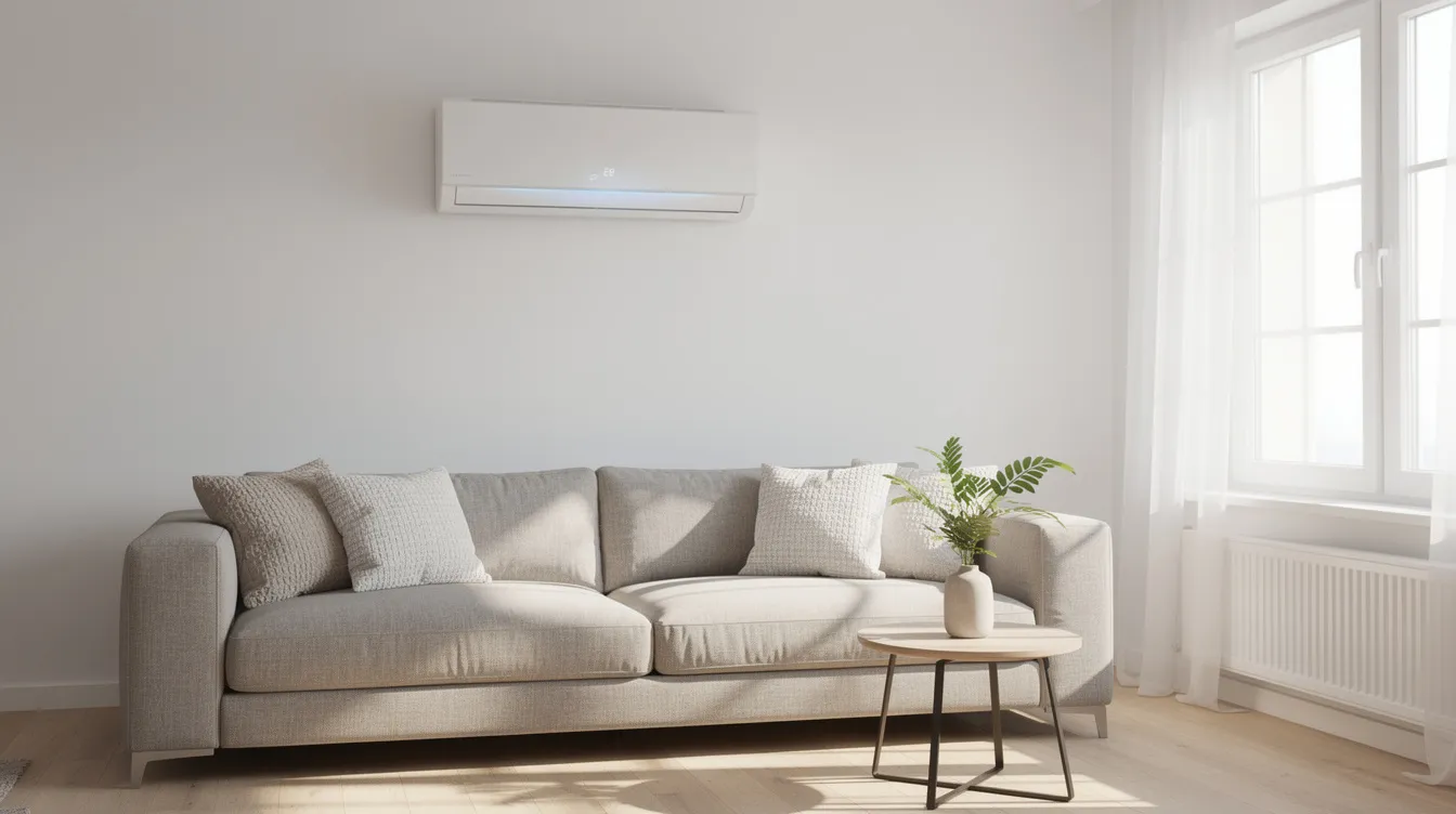 A residential split air conditioner is installed in a bright living room, providing optimal cooling and energy efficiency during the warm season. The unit is designed to enhance indoor comfort while maintaining low electricity usage and ensuring a clean, refreshing environment.