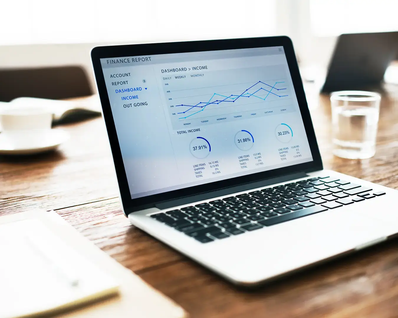 Laptop displaying financial analytics dashboard for restaurant business management and F&B marketing