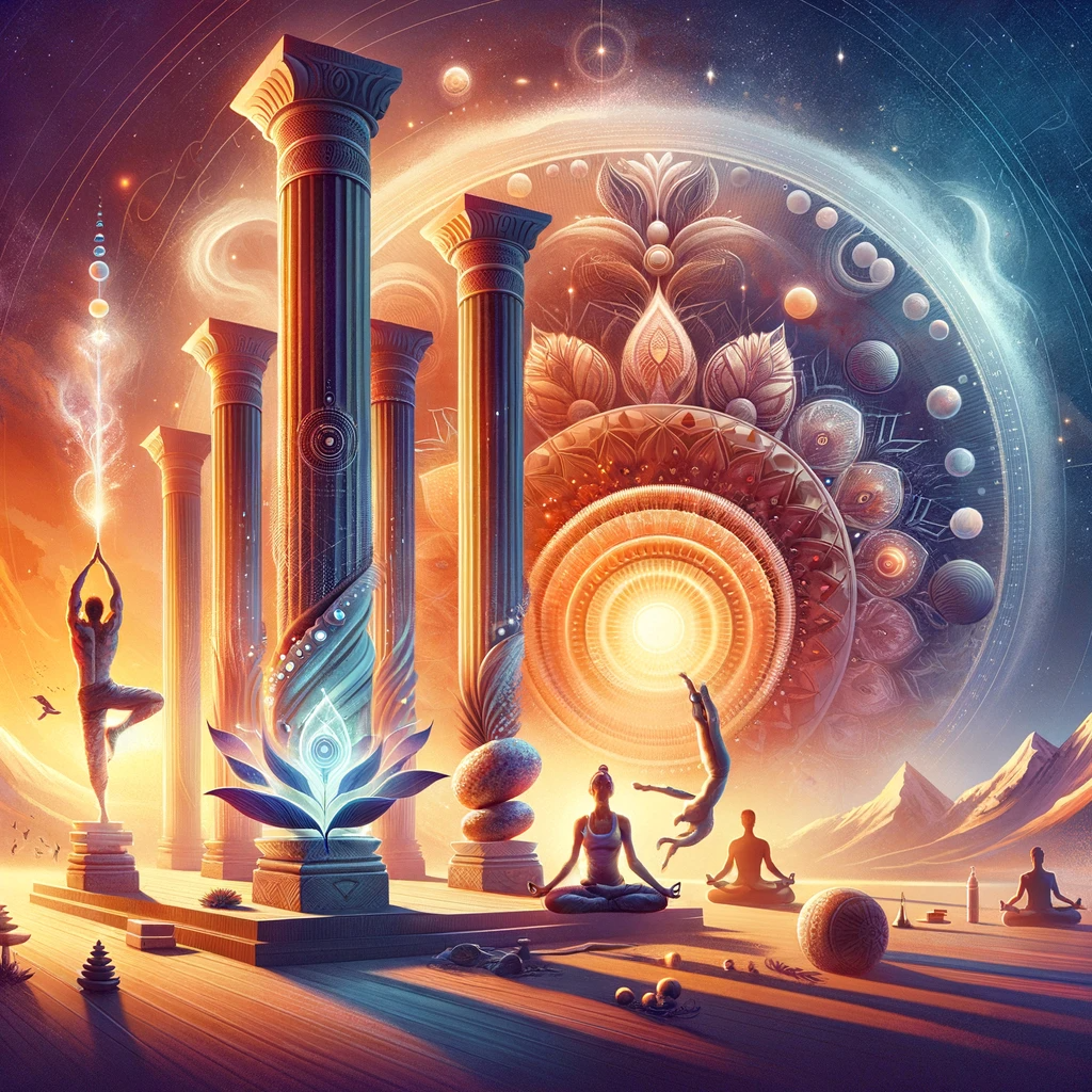 elements of yoga with cosmic and ancient architectural themes. At the forefront, there are several individuals engaged in various yoga poses, each on their own platform, exuding tranquility and focus. The backdrop is a mesmerizing cosmic scene, featuring celestial bodies, stars, and orbiting planets, suggesting a deep connection between the practice of yoga and the vastness of the universe. Majestic columns adorned with intricate patterns rise on either side, framing the central sun-like motif that glows intensely, casting a warm light over the scene. This ethereal landscape is further enhanced by floating geometric shapes and the silhouette of distant mountains, creating a sense of serenity and timelessness. The overall composition of the image evokes a sense of harmony between the human spirit and the mysteries of the cosmos, ideal for portraying the spiritual aspects of yoga practice.