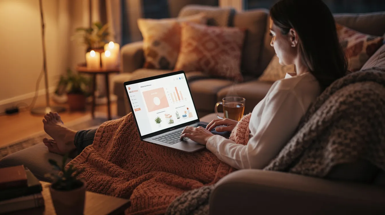 A person is comfortably seated at a desk in a cozy home environment, browsing a wellness platform on their laptop, which offers resources on mental health, counselling skills, and emotional wellbeing. The warm atmosphere suggests a safe and confidential space for exploring coping strategies and further training in counselling.