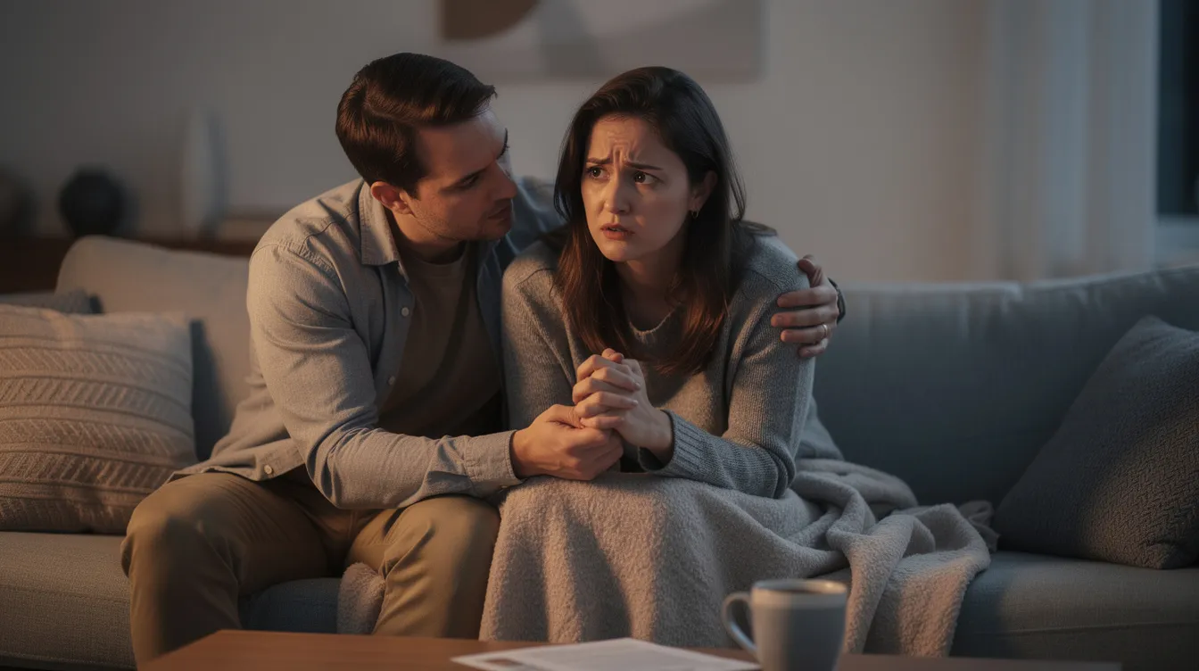 The image depicts a supportive partner comforting a woman who is experiencing anxiety, illustrating the challenges of managing anxiety within romantic relationships. Their interaction emphasizes the importance of honest communication and emotional well-being, as one partner navigates feelings of anxiety that can negatively impact their relationship.