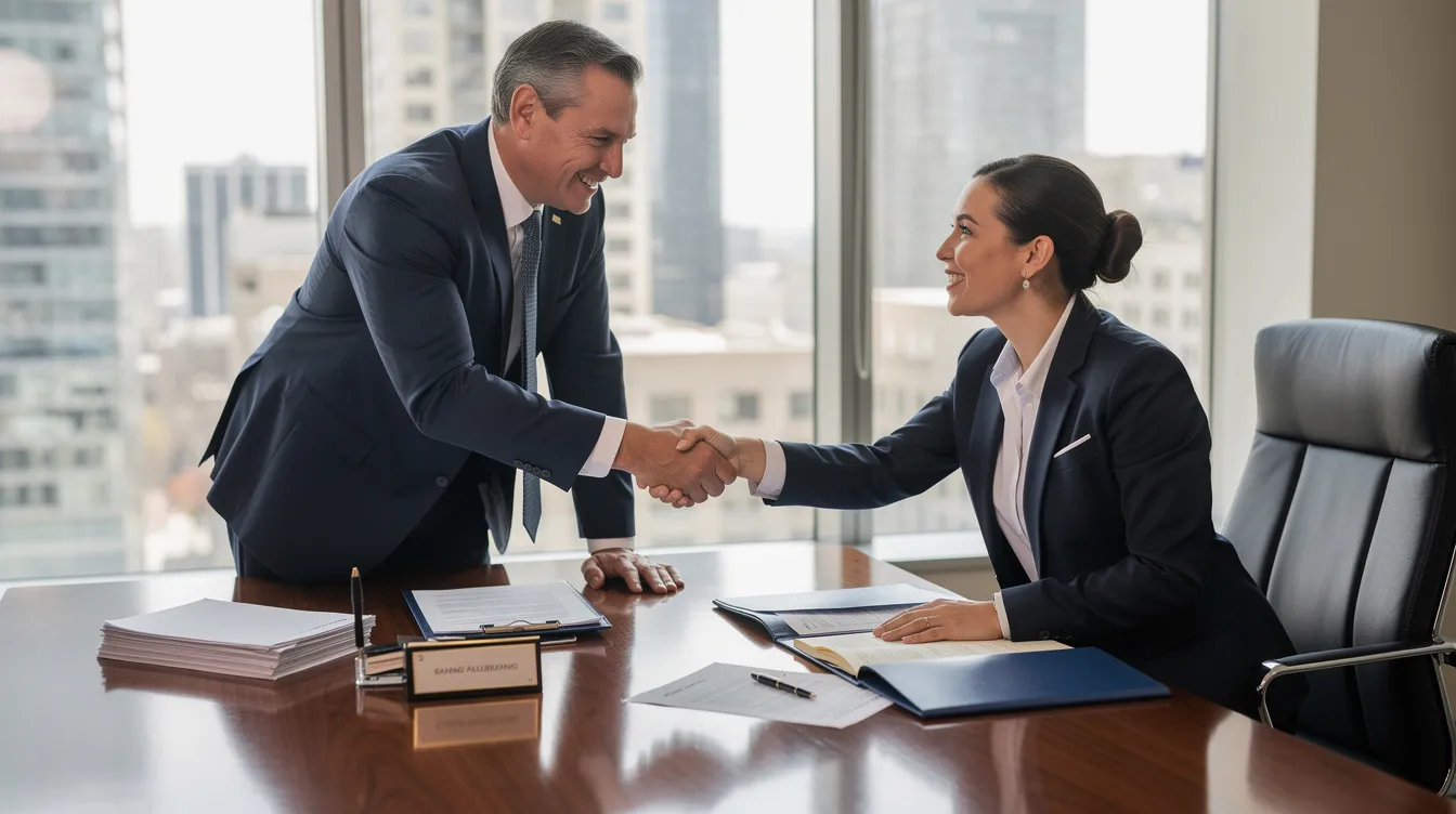 An entrepreneur is confidently shaking hands with a bank officer across a desk, symbolizing a successful business loan agreement under the Pradhan Mantri Mudra Yojana. The scene reflects the partnership between small finance banks and micro units seeking financial assistance for their business operations.