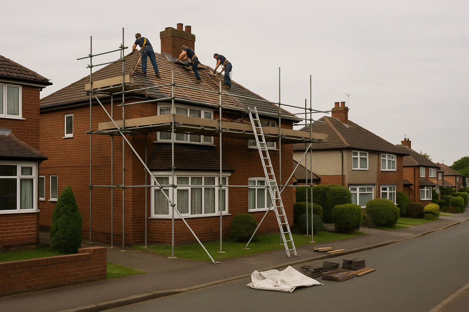 Roofing contractors working on a residential roof replacement on a suburban UK street.